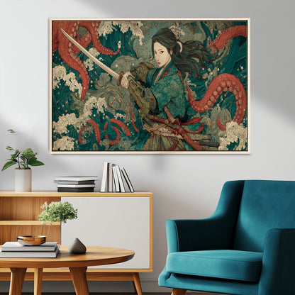 Tsukioka Yoshitoshi Samurai Wall Art Print, Japanese Katana Warrior Canvas Wall Art, Octopus Sea Monster Canvas Print,