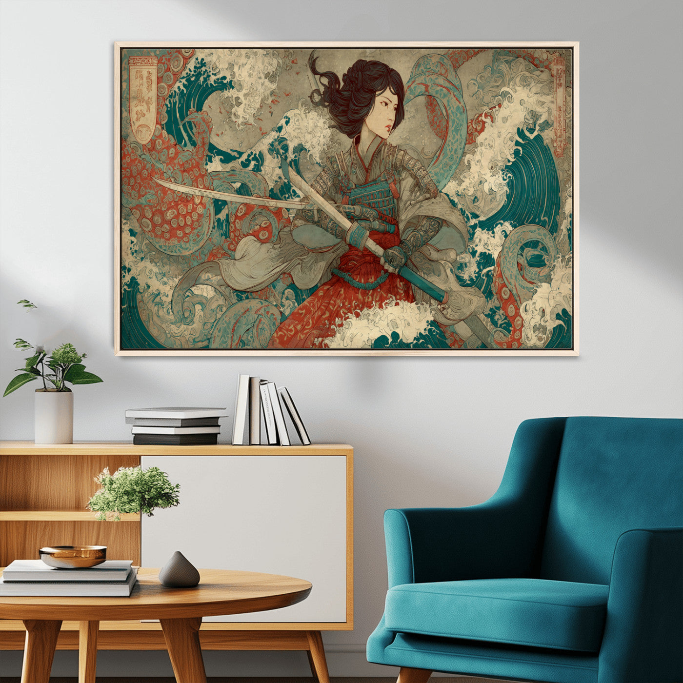 Tsukioka Yoshitoshi Samurai Wall Art Print, Japanese Katana Warrior Canvas Wall Art, Octopus Sea Monster Canvas Print,
