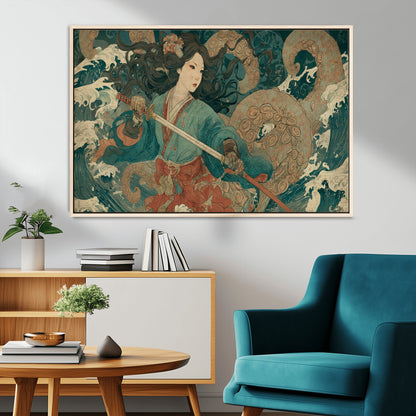 Tsukioka Yoshitoshi Samurai Wall Art Print, Japanese Katana Warrior Canvas Wall Art, Octopus Sea Monster Canvas Print,