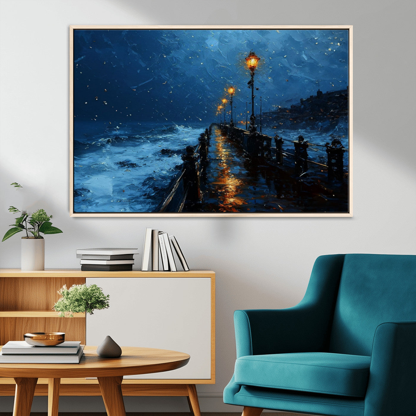 "Impressionistic painting of a rainy pier at night with glowing street lamps reflecting on the wet surface, ocean waves crashing under a dark blue sky."