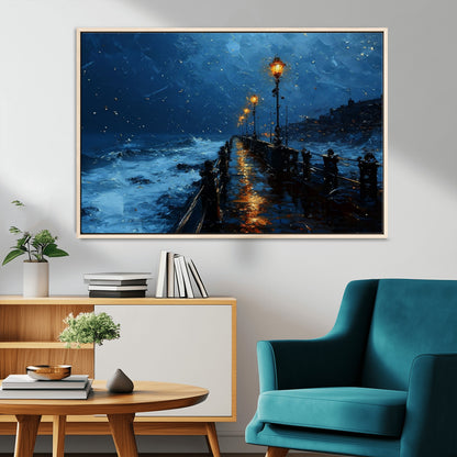 "Impressionistic painting of a rainy pier at night with glowing street lamps reflecting on the wet surface, ocean waves crashing under a dark blue sky."