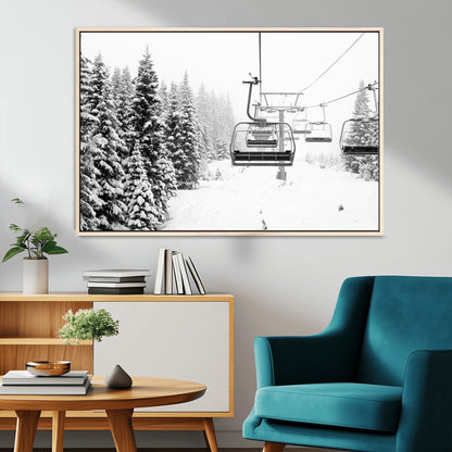 Black and white canvas of empty ski lifts over a snowy pine forest, perfect for minimal winter or ski lodge-inspired decor.