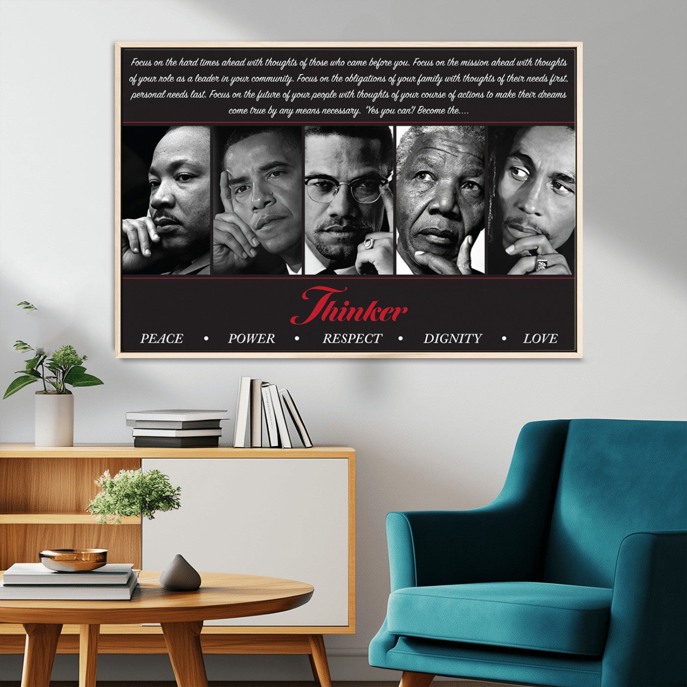 Monochrome canvas of iconic Black leaders with a powerful quote, perfect for modern spaces with a cultural or motivational theme.