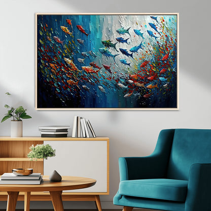 Colorful painting of fish swimming in abstract ocean swirls, perfect for vibrant marine-themed or expressive coastal home decor.