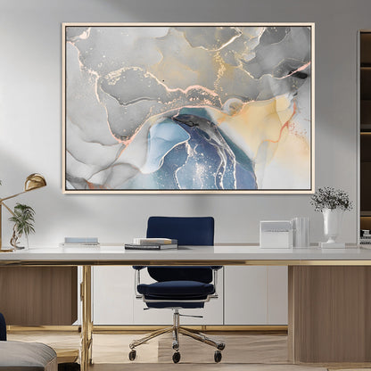 -Abstract Fluid Art Wall Decor – Blue, Gray & Gold Canvas Print, Modern Home and Office Wall Art Decor for Living Room, Bedroom or Workspace