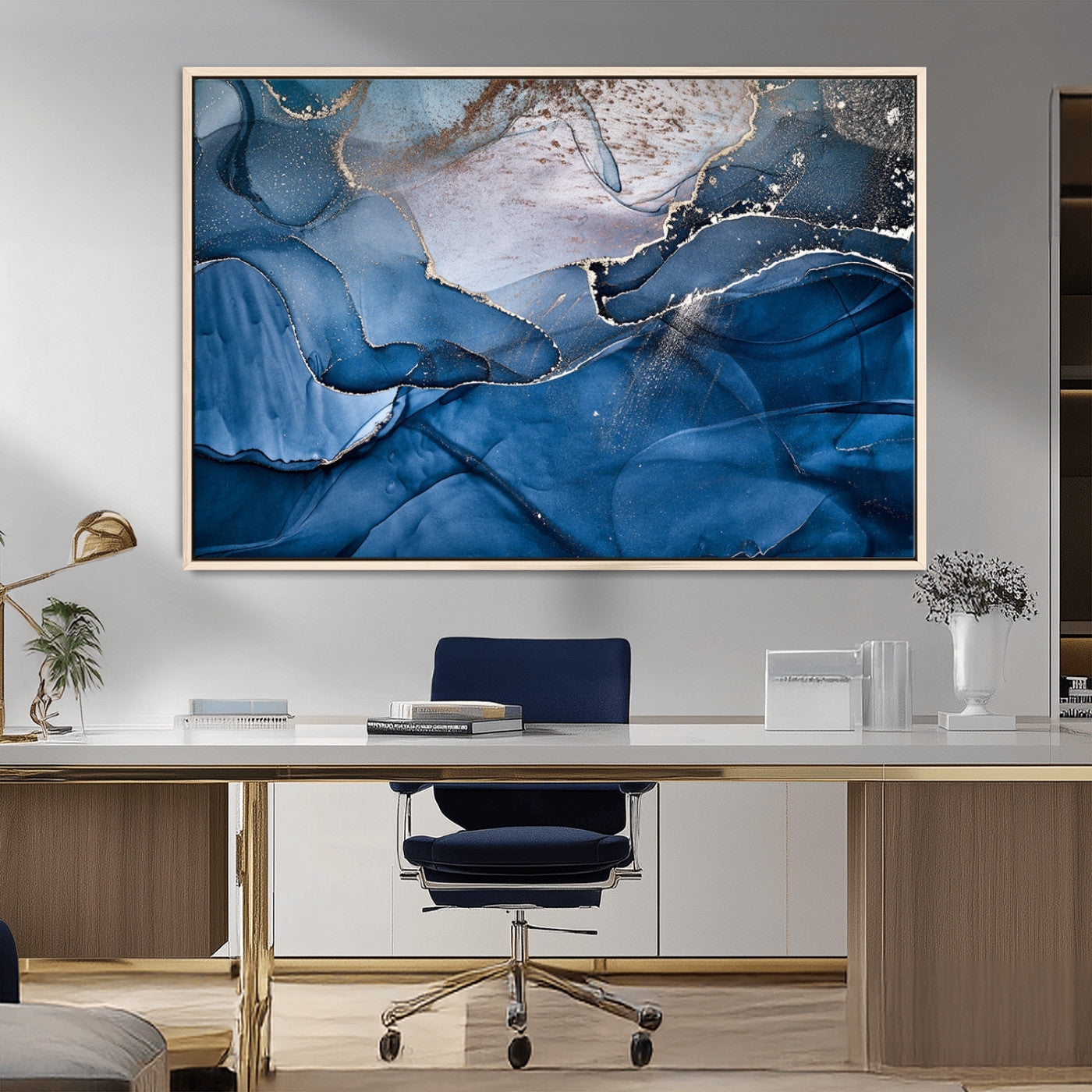 -Abstract Blue Gold Fluid Art Wall Decor – Modern Canvas Print, Elegant Home & Office Wall Art, Stylish Living Room or Bedroom Decoration