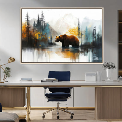 A majestic bear stands by the serene waters of a misty forest, surrounded by towering trees and distant mountains, evoking the raw beauty and wild spirit of nature.