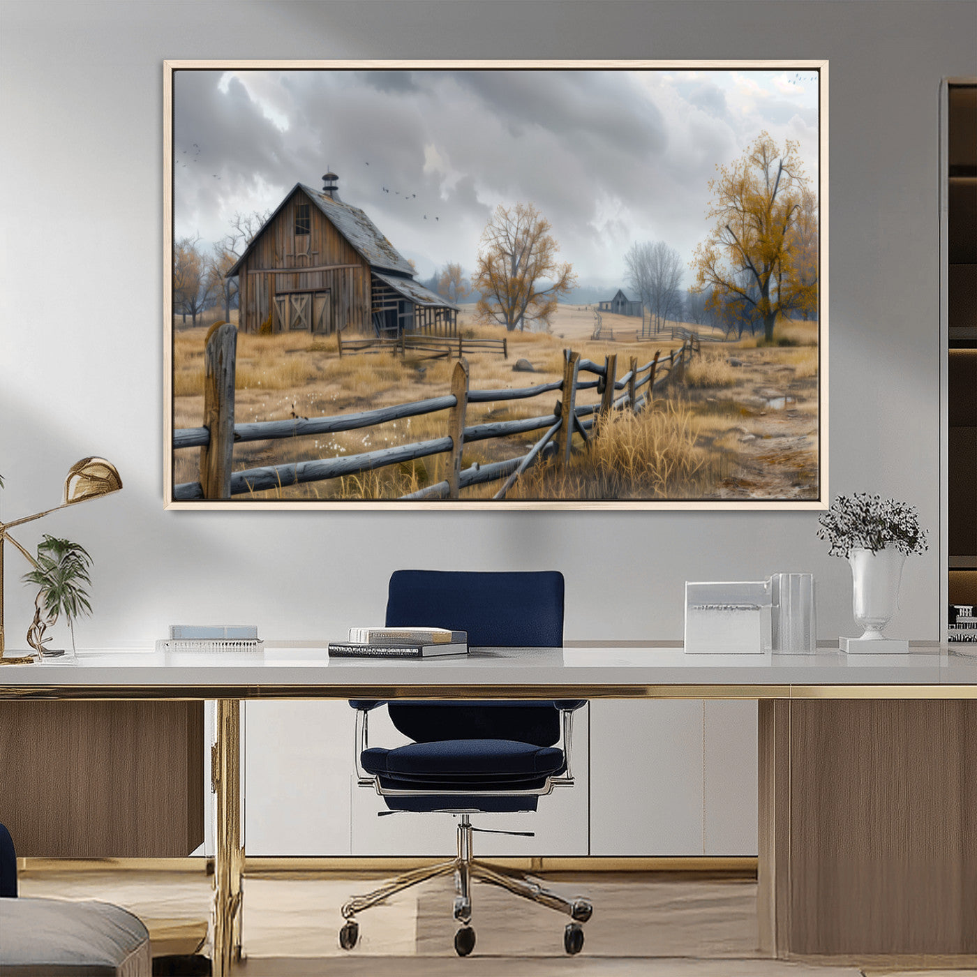 A tranquil rural scene featuring a rustic barn, overcast skies, and golden fields with scattered trees, evoking a sense of peaceful solitude in nature.