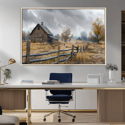 A tranquil rural scene featuring a rustic barn, overcast skies, and golden fields with scattered trees, evoking a sense of peaceful solitude in nature.