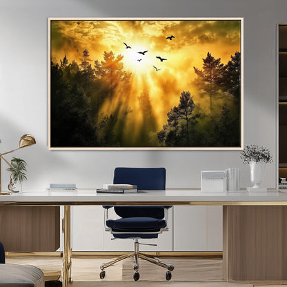 Canvas of a golden forest at sunset with birds flying through glowing sunbeams and silhouetted pine trees, ideal for warm-toned rustic decor.