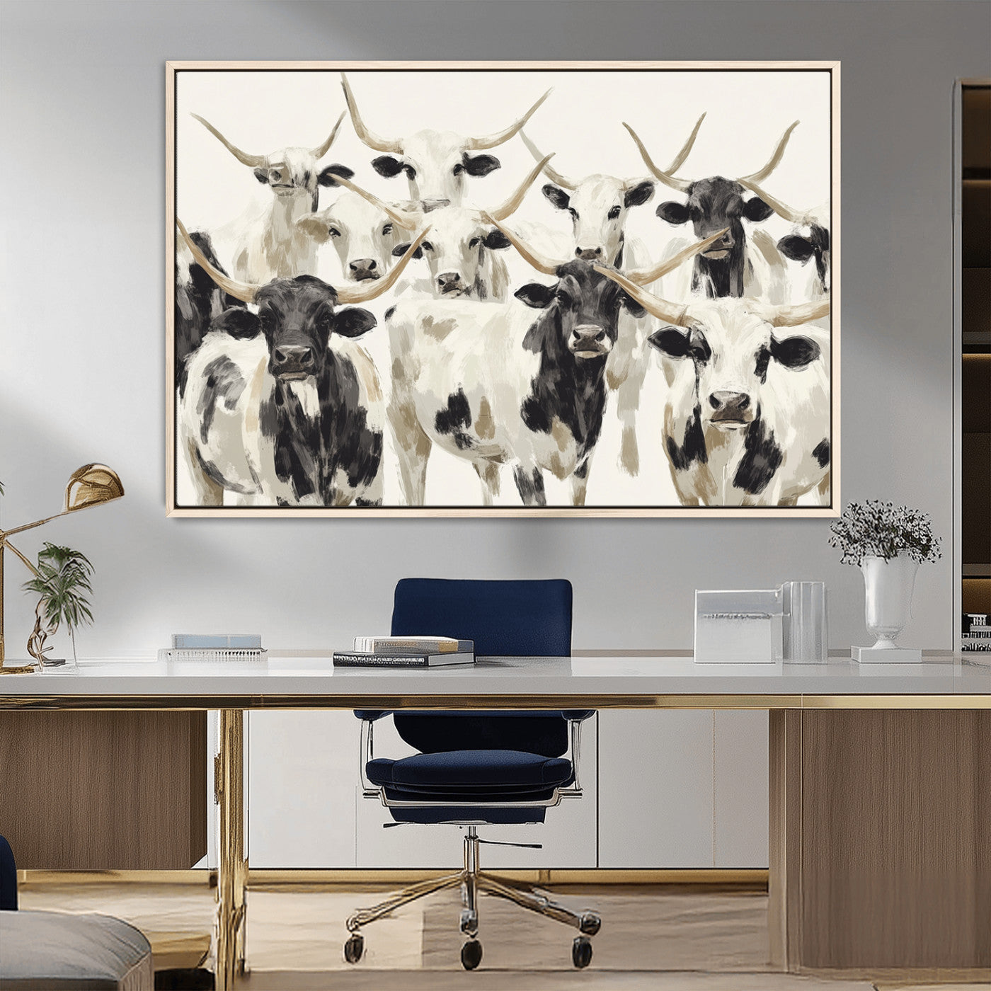 Canvas of a Texas Longhorn cattle herd in neutral black and white tones, ideal for rustic farmhouse or western-themed decor.