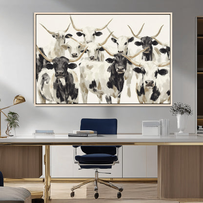 Canvas of a Texas Longhorn cattle herd in neutral black and white tones, ideal for rustic farmhouse or western-themed decor.