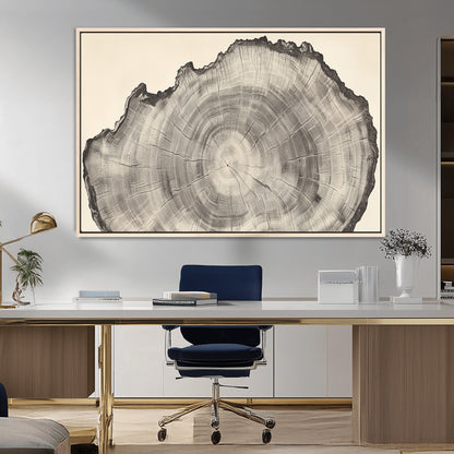 Detailed tree ring drawing in monochrome tones, ideal for rustic or nature-inspired interiors with a minimal decor aesthetic.