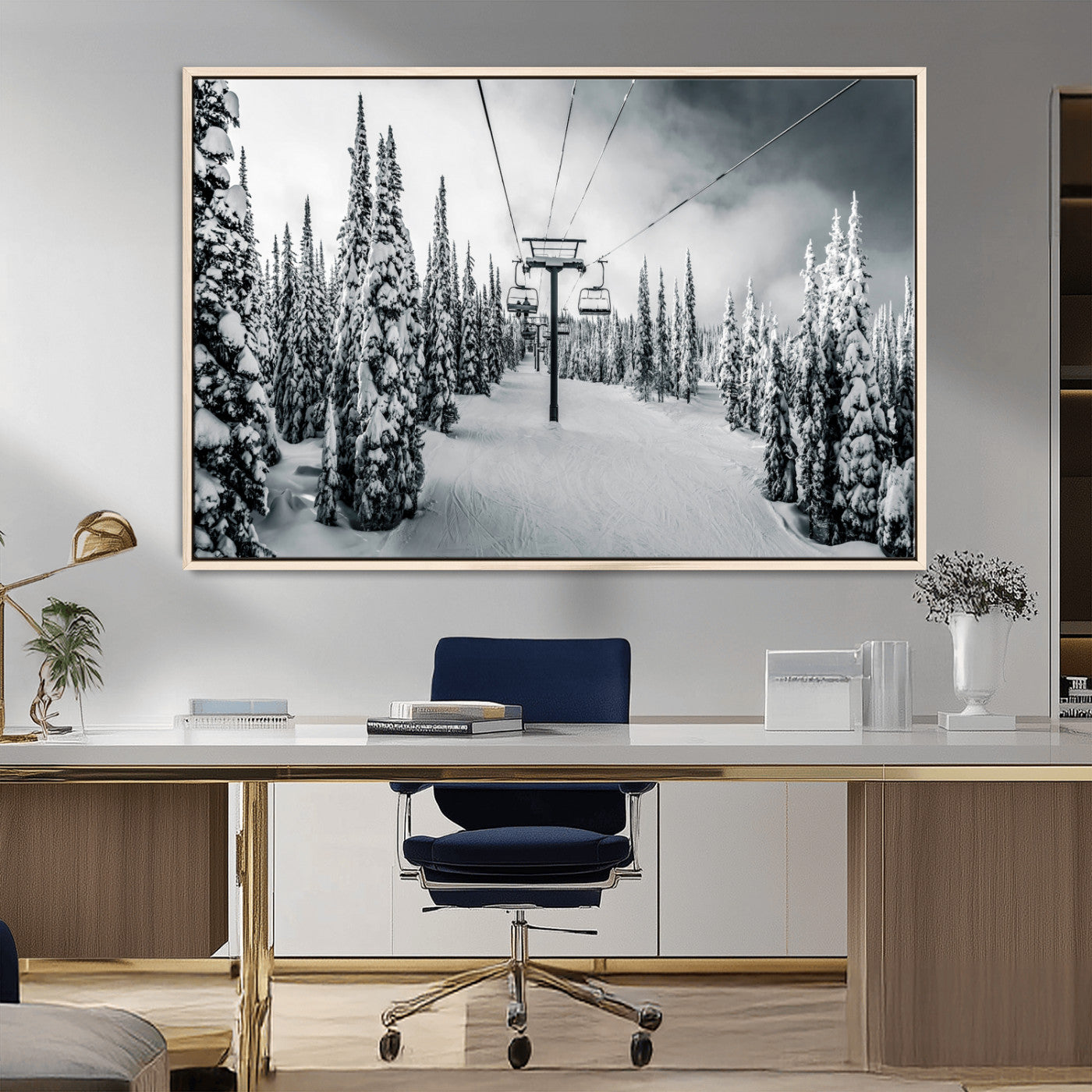 Canvas of a snowy ski lift scene through a forest of tall pine trees, ideal for moody winter or alpine-themed home decor.