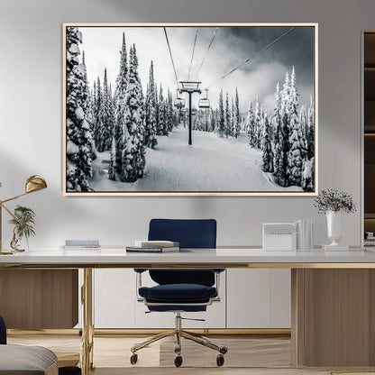 Canvas of a snowy ski lift scene through a forest of tall pine trees, ideal for moody winter or alpine-themed home decor.