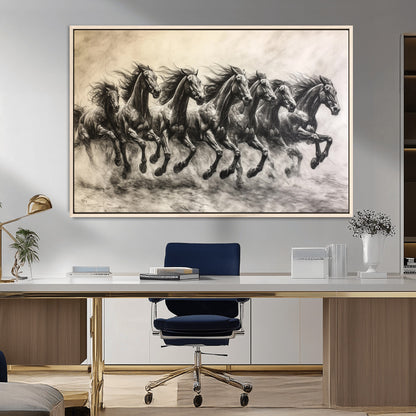 Monochrome drawing of a herd of galloping horses, perfect for dynamic and wild-themed decor in any equestrian or nature-inspired room.