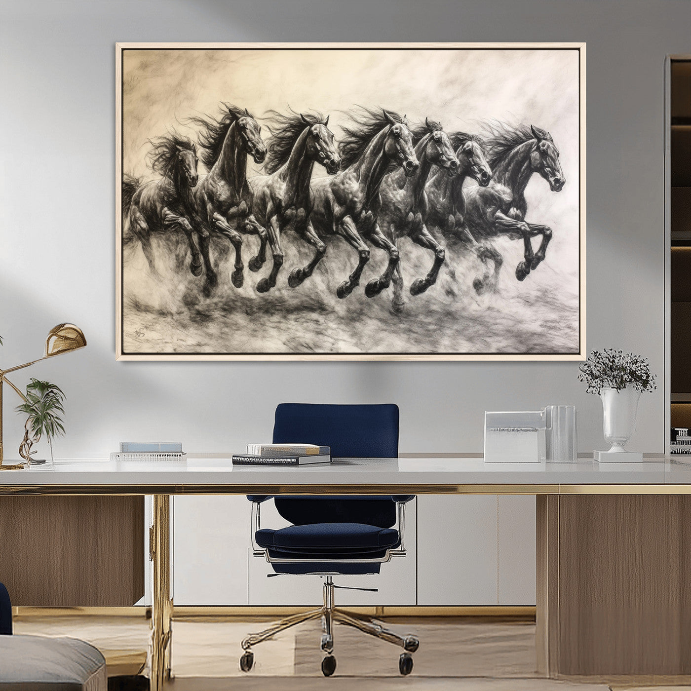 Monochrome drawing of a herd of galloping horses, perfect for dynamic and wild-themed decor in any equestrian or nature-inspired room.