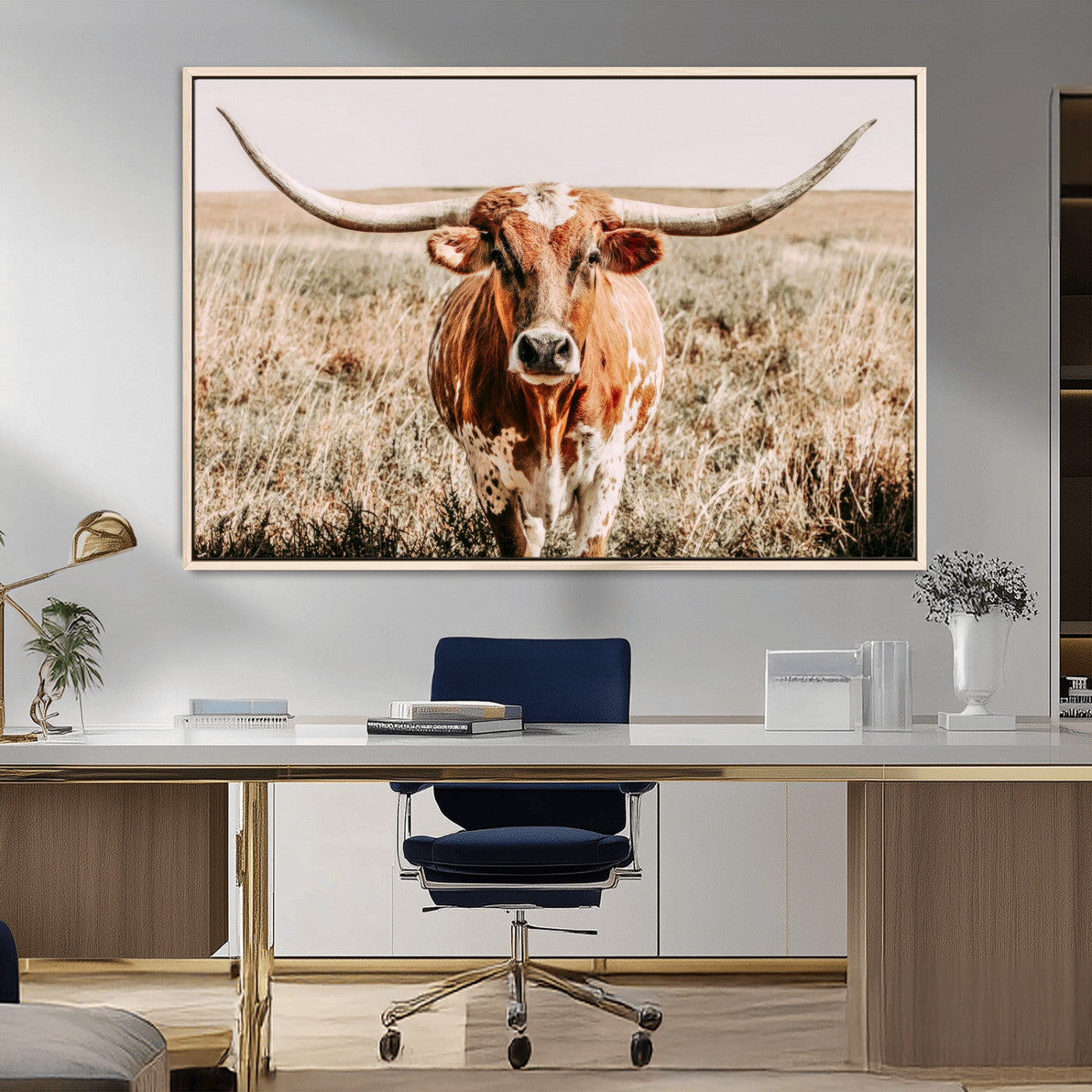 Framed longhorn cow canvas wall art with rustic prairie background, western animal print perfect for farmhouse or ranch style decor