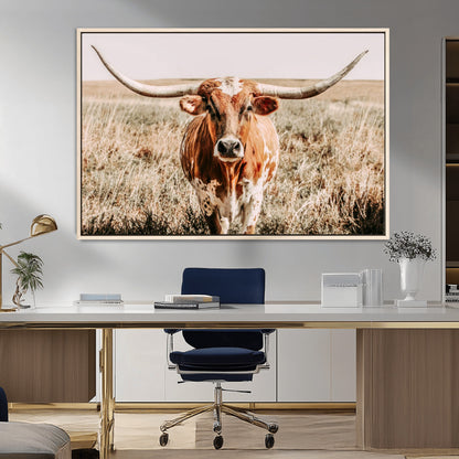 Framed longhorn cow canvas wall art with rustic prairie background, western animal print perfect for farmhouse or ranch style decor