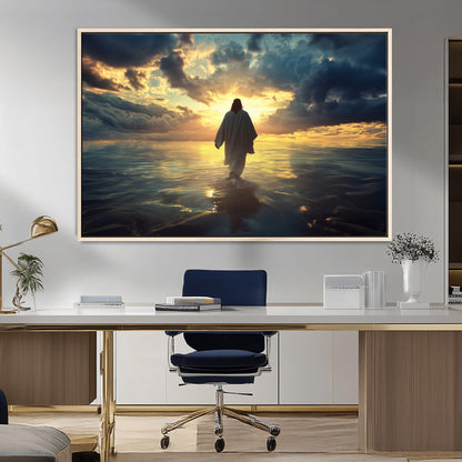 Spiritual artwork of Jesus walking on water at golden hour with divine light, ideal for Christian home decor or prayer room.