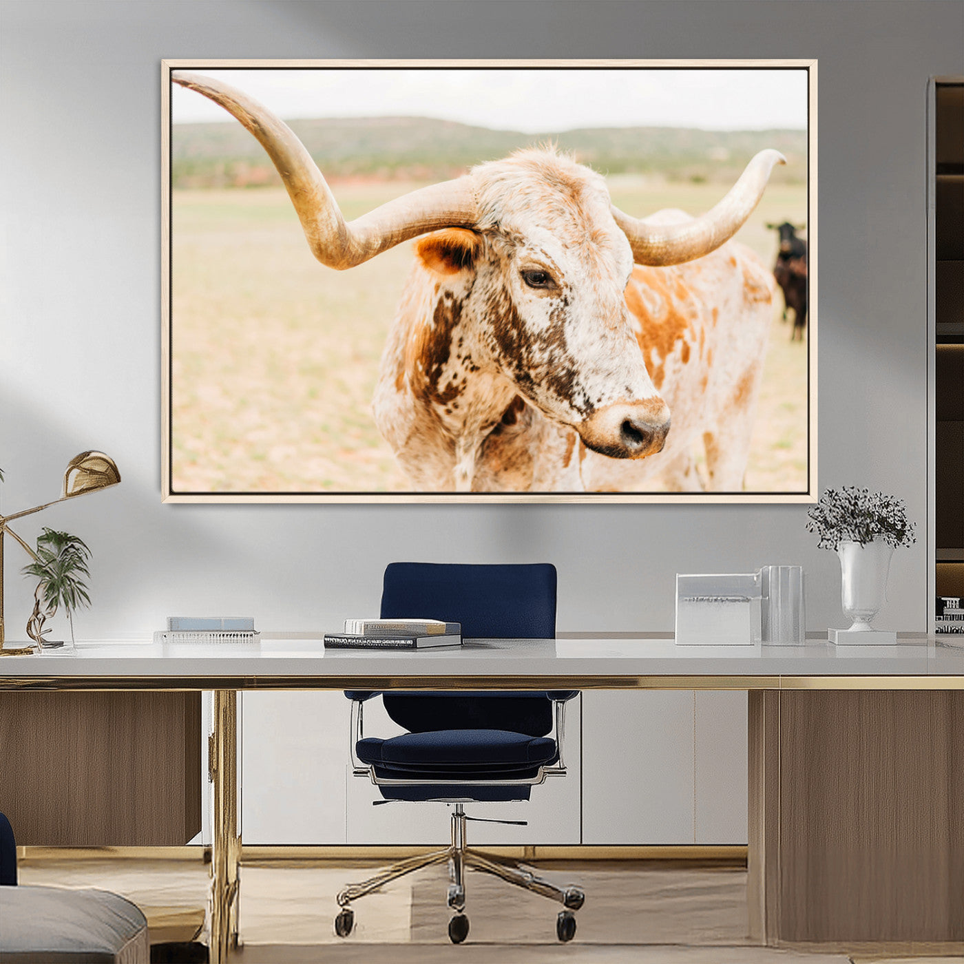 Close-up of a speckled Texas Longhorn in warm prairie tones, perfect for rustic western or countryside-themed room decor.