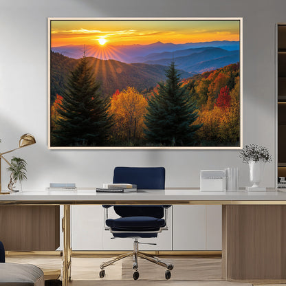 Vibrant sunset over autumn mountains with colorful trees and warm light, ideal for nature lovers or cabin-style wall decor.