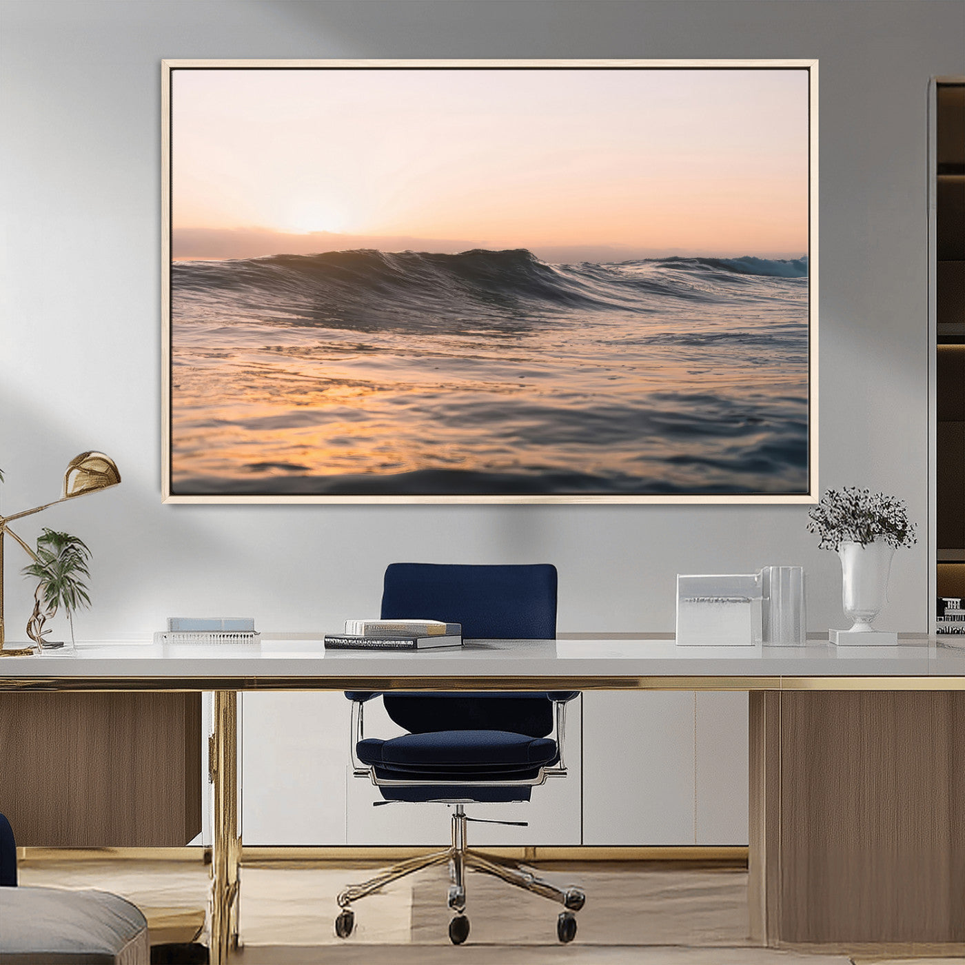Framed canvas of ocean waves glowing in sunset light, ideal for golden hour calm or peaceful coastal-inspired wall decor.