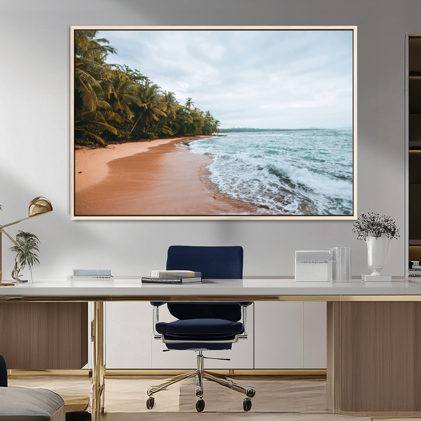 Framed canvas of a tropical beach with palm trees and soft waves, ideal for coastal escape or serene nature-inspired home decor.