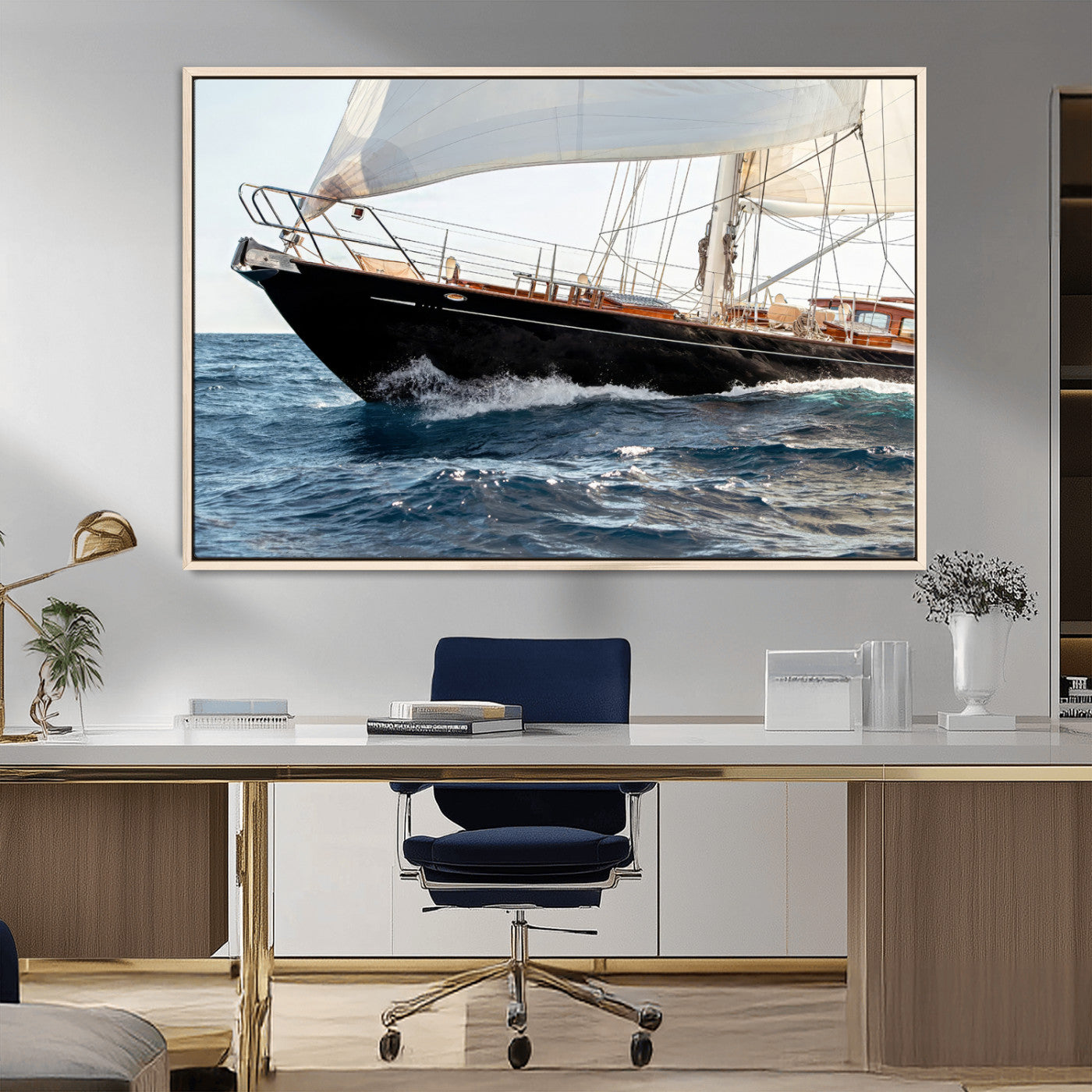 Close-up of a classic sailing yacht with wooden deck and full sails, perfect for nautical or coastal-style decor in ocean-themed spaces.
