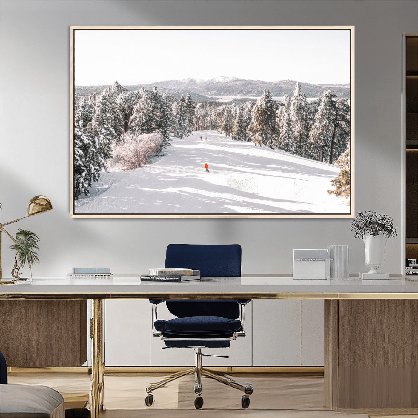 Bright ski trail lined with snow-covered pines and a skier in orange, perfect for alpine adventure or winter sports-inspired decor.