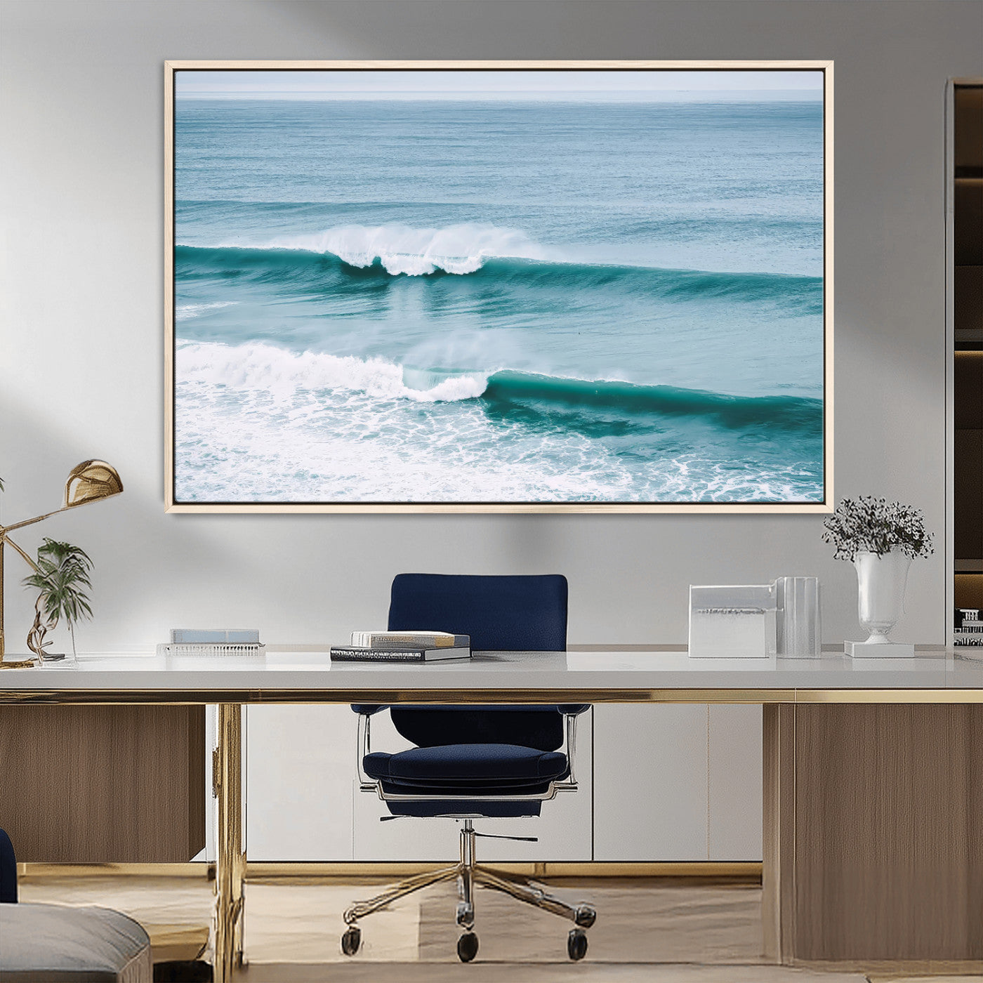Powerful ocean waves rolling towards the shore, their turquoise hues blending with white sea foam under an open horizon, capturing the essence of the ocean's movement.