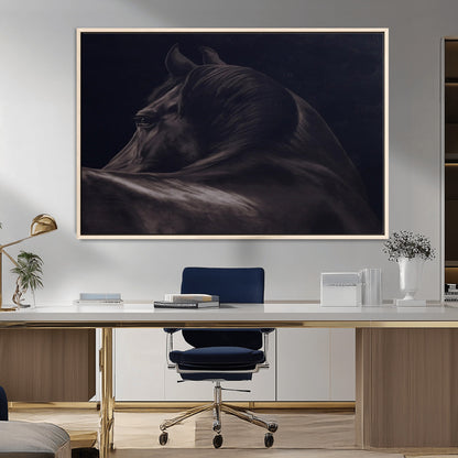 Close-up of a black horse with dramatic lighting on a dark background, perfect for rustic or masculine home decor.