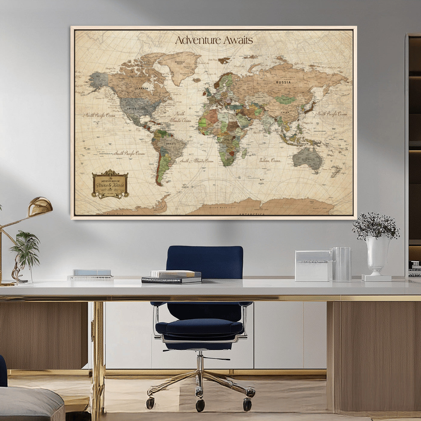 Custom Push Pin World Map Wall Canvas Print – Personalized Travel Tracker with Pins – Framed Custom Quotie Canvas for Home Office Decor