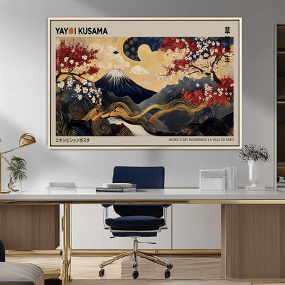 Yayoi Kusama's artwork featuring Mount Fuji, blooming cherry trees, and intricate swirls, blending traditional Japanese elements with vibrant color.