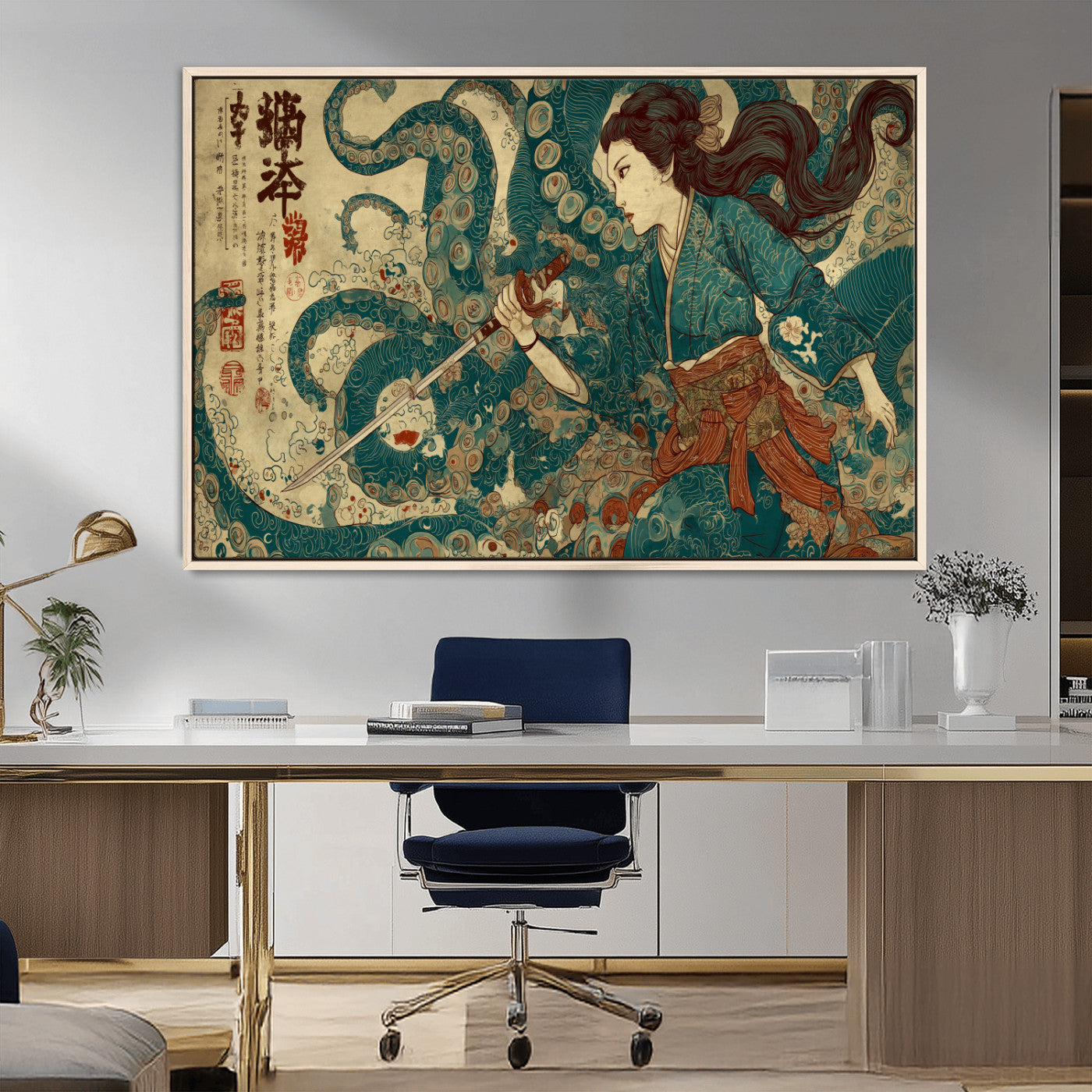 Tsukioka Yoshitoshi Samurai Wall Art Print, Japanese Katana Warrior Canvas Wall Art, Octopus Sea Monster Canvas Print,