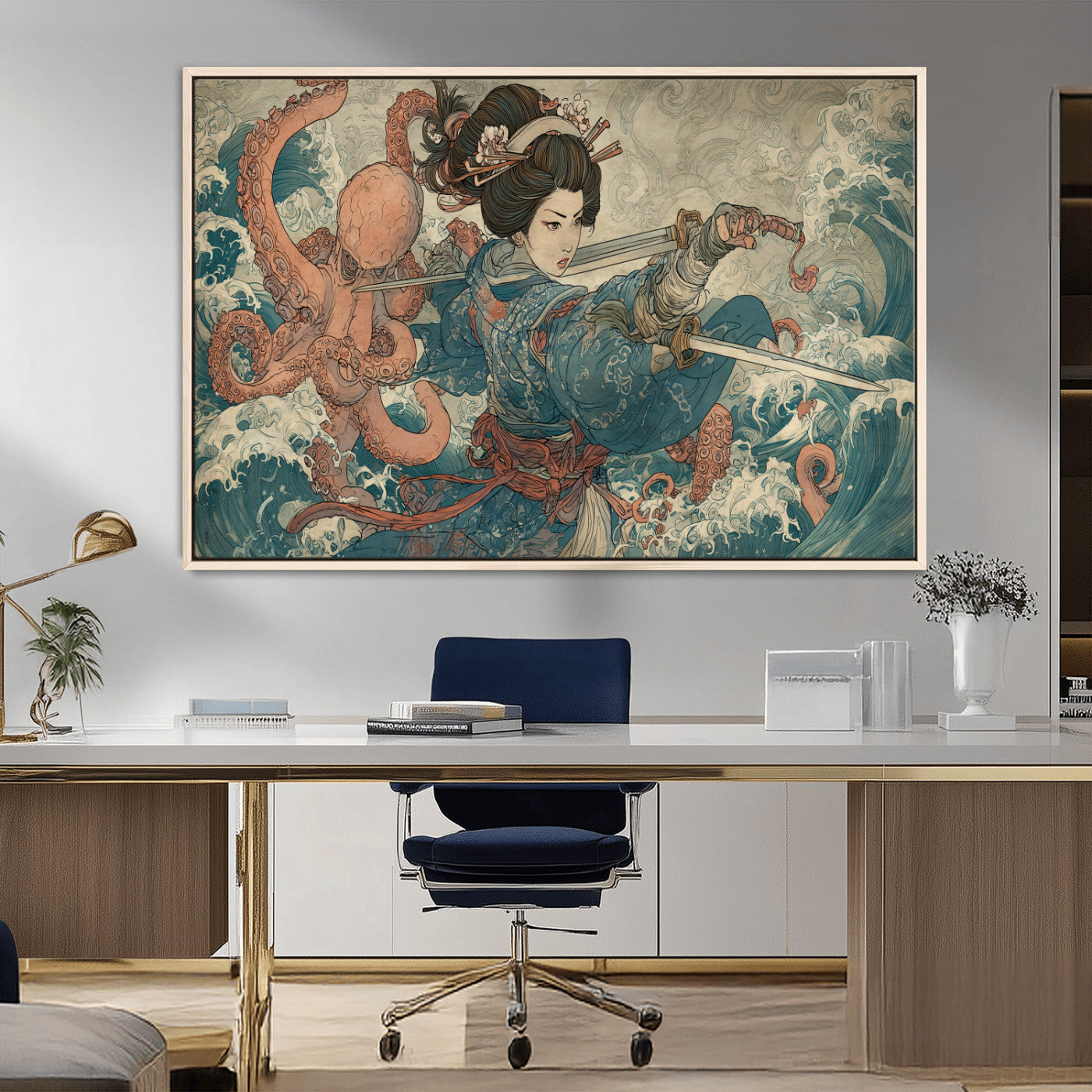 Tsukioka Yoshitoshi Samurai Wall Art Print, Japanese Katana Warrior Canvas Wall Art, Octopus Sea Monster Canvas Print,