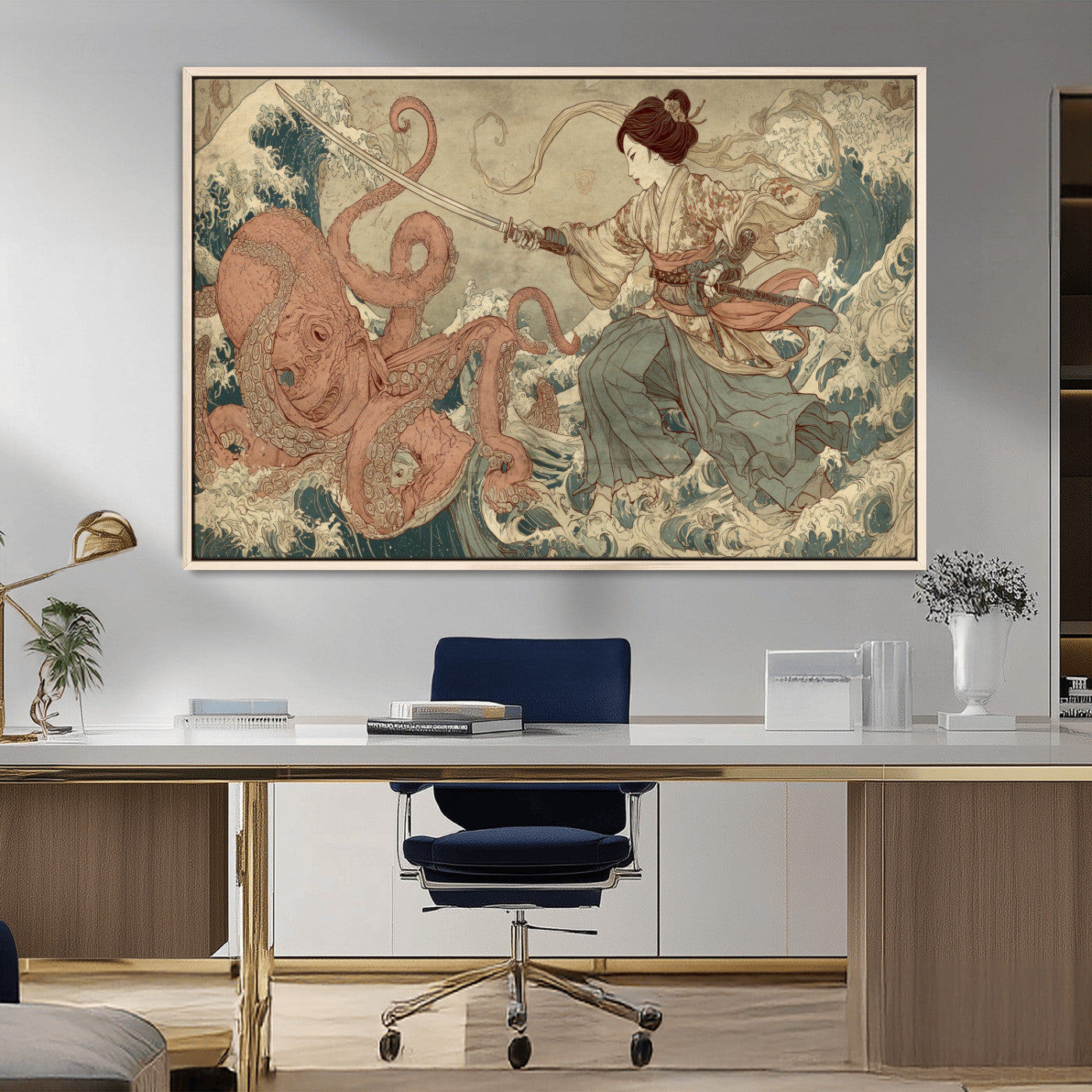 Tsukioka Yoshitoshi Samurai Wall Art Print, Japanese Katana Warrior Canvas Wall Art, Octopus Sea Monster Canvas Print,