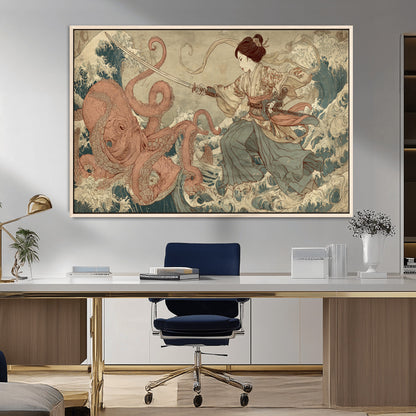 Tsukioka Yoshitoshi Samurai Wall Art Print, Japanese Katana Warrior Canvas Wall Art, Octopus Sea Monster Canvas Print,