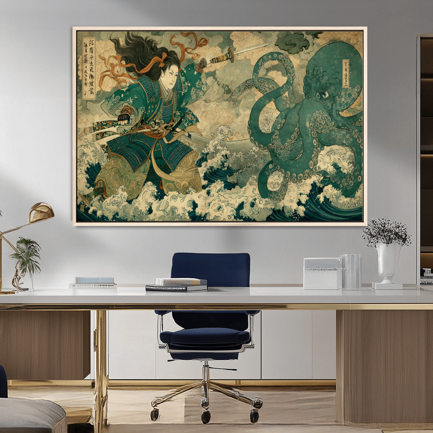 Tsukioka Yoshitoshi Samurai Wall Art Print, Japanese Katana Warrior Canvas Wall Art, Octopus Sea Monster Canvas Print,