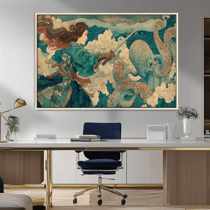 Tsukioka Yoshitoshi Samurai Wall Art Print, Japanese Katana Warrior Canvas Wall Art, Octopus Sea Monster Canvas Print,