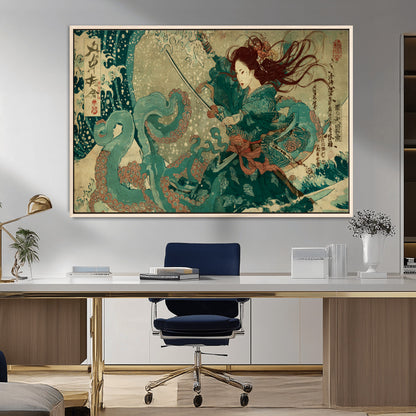 Tsukioka Yoshitoshi Samurai Wall Art Print, Japanese Katana Warrior Canvas Wall Art, Octopus Sea Monster Canvas Print,