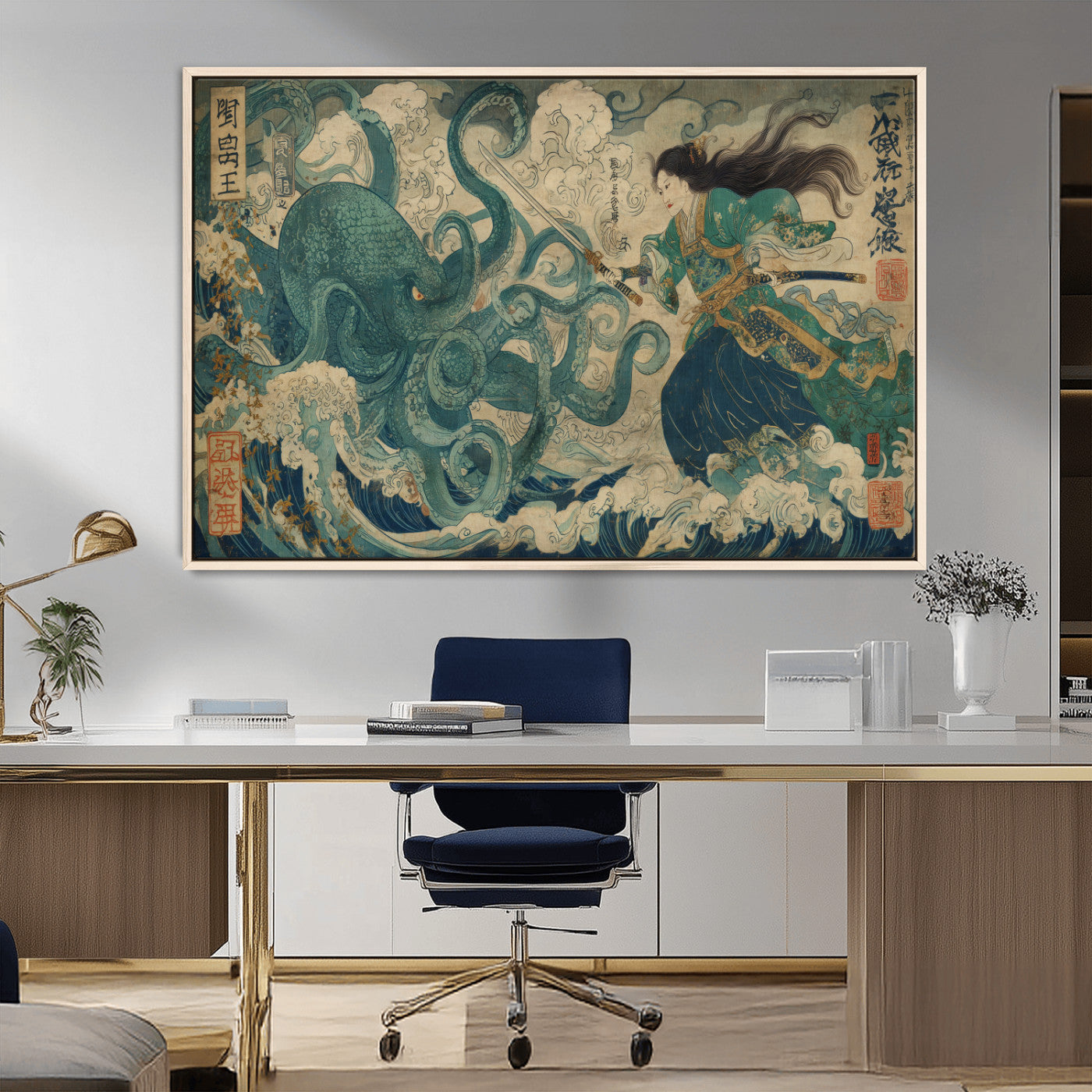 Tsukioka Yoshitoshi Samurai Wall Art Print, Japanese Katana Warrior Canvas Wall Art, Octopus Sea Monster Canvas Print,