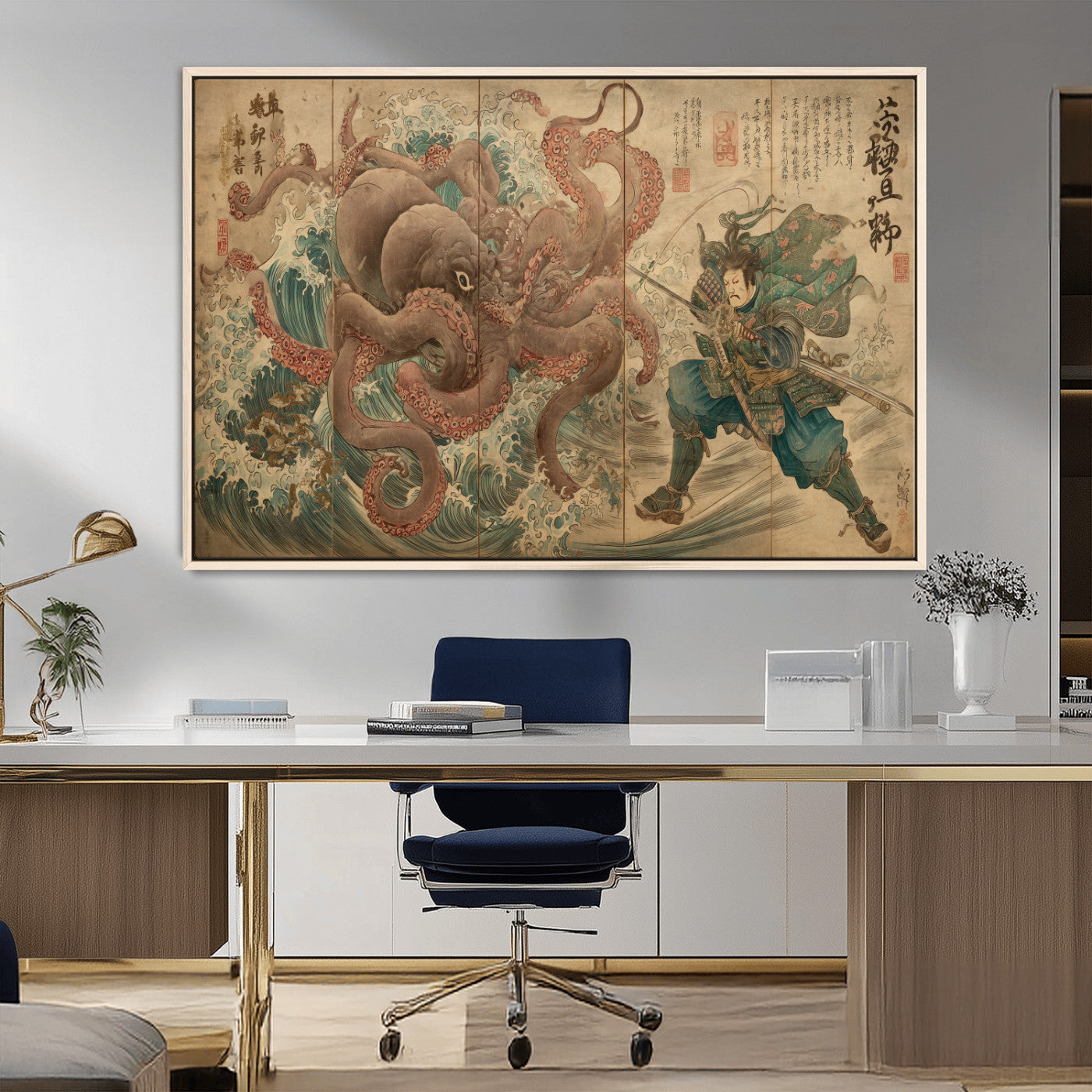 Tsukioka Yoshitoshi Samurai Wall Art Print, Japanese Katana Warrior Canvas Wall Art, Octopus Sea Monster Canvas Print,