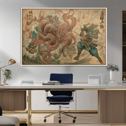 Tsukioka Yoshitoshi Samurai Wall Art Print, Japanese Katana Warrior Canvas Wall Art, Octopus Sea Monster Canvas Print,