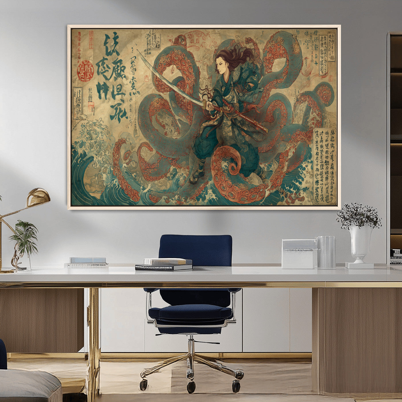 Tsukioka Yoshitoshi Samurai Wall Art Print, Japanese Katana Warrior Canvas Wall Art, Octopus Sea Monster Canvas Print,