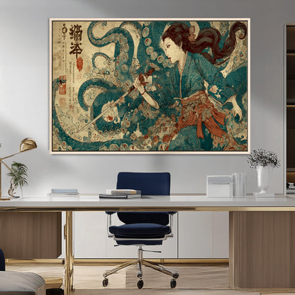 Tsukioka Yoshitoshi Samurai Wall Art Print, Japanese Katana Warrior Canvas Wall Art, Octopus Sea Monster Canvas Print,