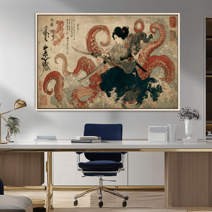 Tsukioka Yoshitoshi Samurai Wall Art Print, Japanese Katana Warrior Canvas Wall Art, Octopus Sea Monster Canvas Print,