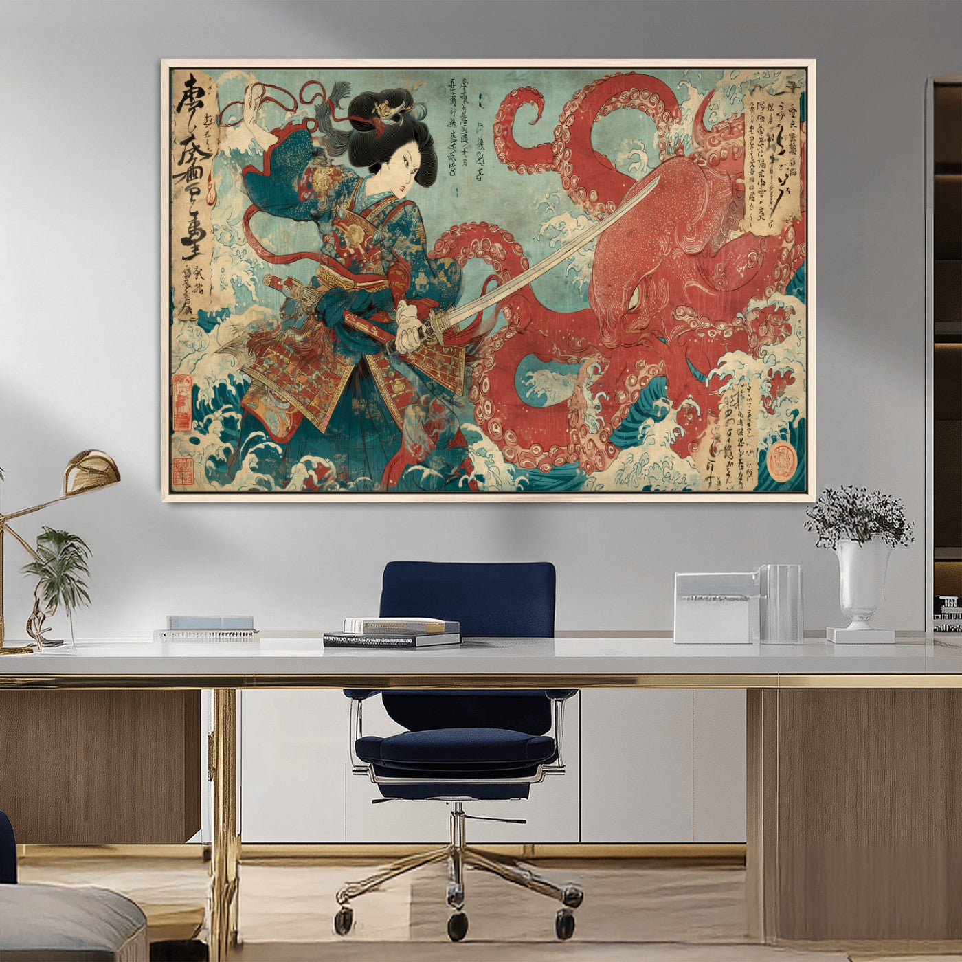 Tsukioka Yoshitoshi Samurai Wall Art Print, Japanese Katana Warrior Canvas Wall Art, Octopus Sea Monster Canvas Print,