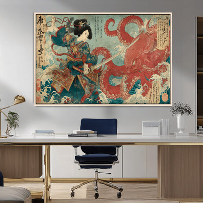 Tsukioka Yoshitoshi Samurai Wall Art Print, Japanese Katana Warrior Canvas Wall Art, Octopus Sea Monster Canvas Print,