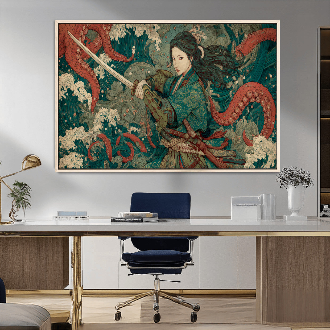 Tsukioka Yoshitoshi Samurai Wall Art Print, Japanese Katana Warrior Canvas Wall Art, Octopus Sea Monster Canvas Print,